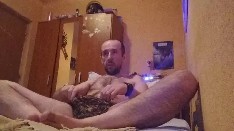 Solo Guy Strokes His Big Cock to Orgasm