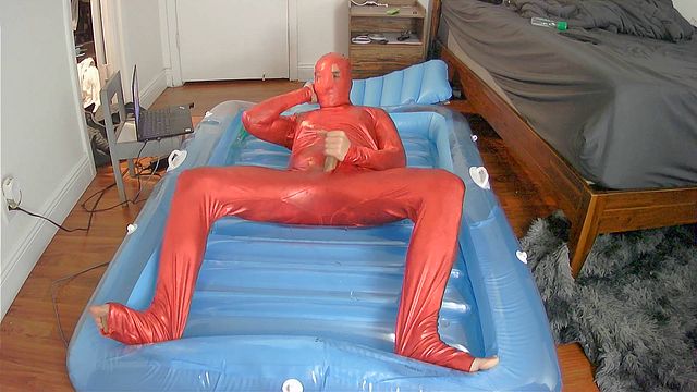 Inflatable pool toy ride to cum in latex catsuit - Free Gay Pornhub Ga
