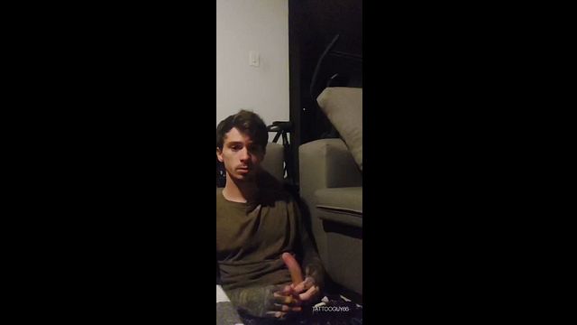 Tattooed Guy Jerks Off His Uncut Dick