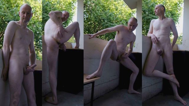 Naked Man Wanks Erect Uncut Cock on Balcony