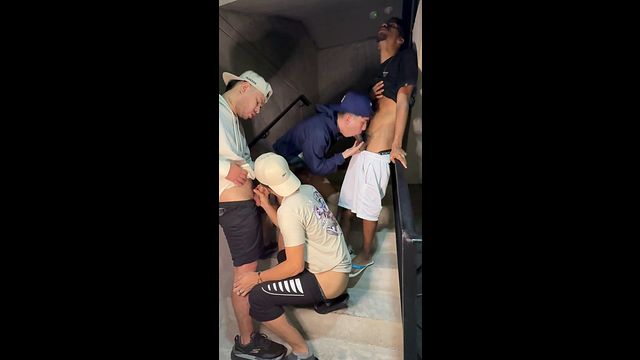Latino Threesome Fucks Ass Bareback on Stairs