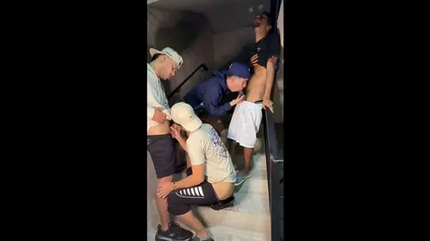 Latino Threesome Fucks Ass Bareback on Stairs