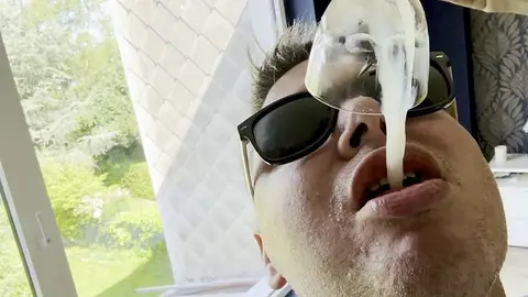 Hunk Swallows Hard Cum in Glass