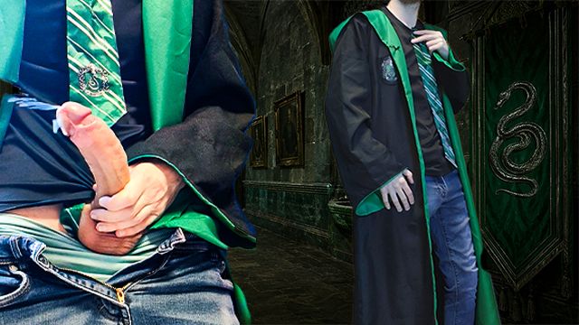 slytherin boy Takes out his big magic wand,  and jerks him off cum har
