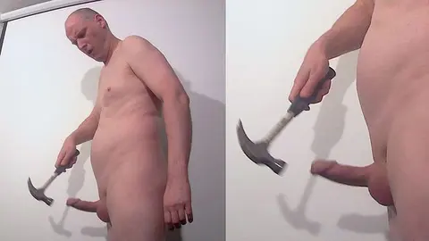 Guy Hits Cock with Hammer Gets Hard