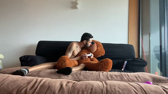 Twink Wanks with Teddy Bear While Gaming