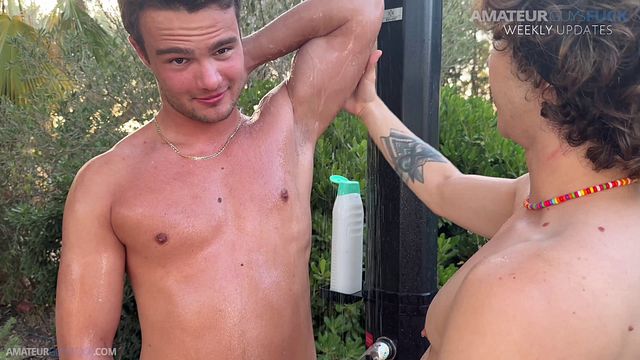 Friends Suck Thick Cock Under Garden Shower