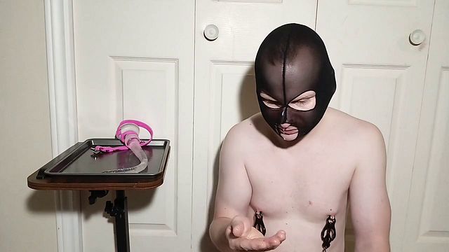 Gay Sub Gags on 14 Inch Dildo with Lock Timer