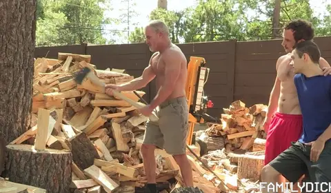 Hairy Daddy Chops Wood and Gets Fucked
