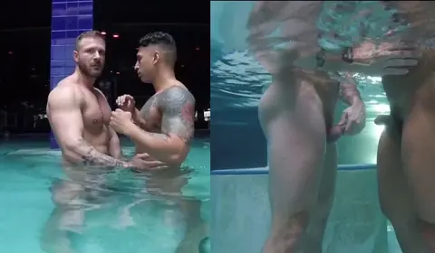 Twink in Pool Fuck with Two Tops - Bareback Double Penetration