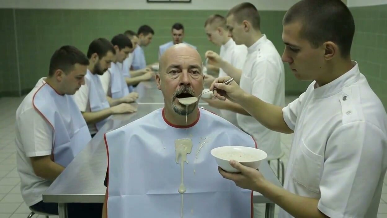 Nurse Feeds Patient Wearing Bib in Hospital