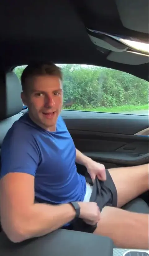 Sporty Lad Teases Cock in Car After Gym
