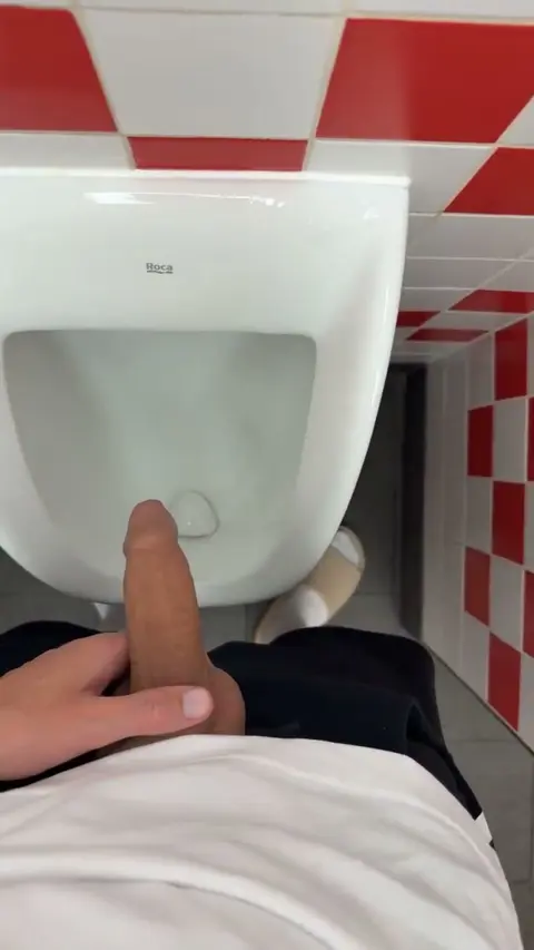 Guy Urinates with Tight Foreskin at Urinal