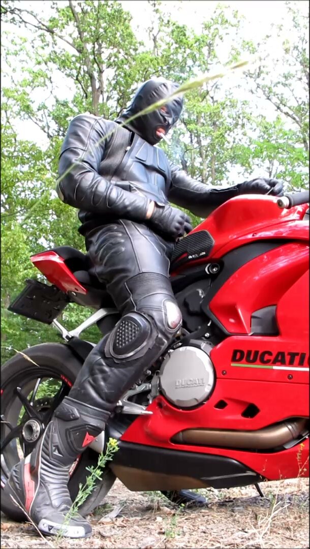 Leather Biker in Ducati Gear Jerks Off