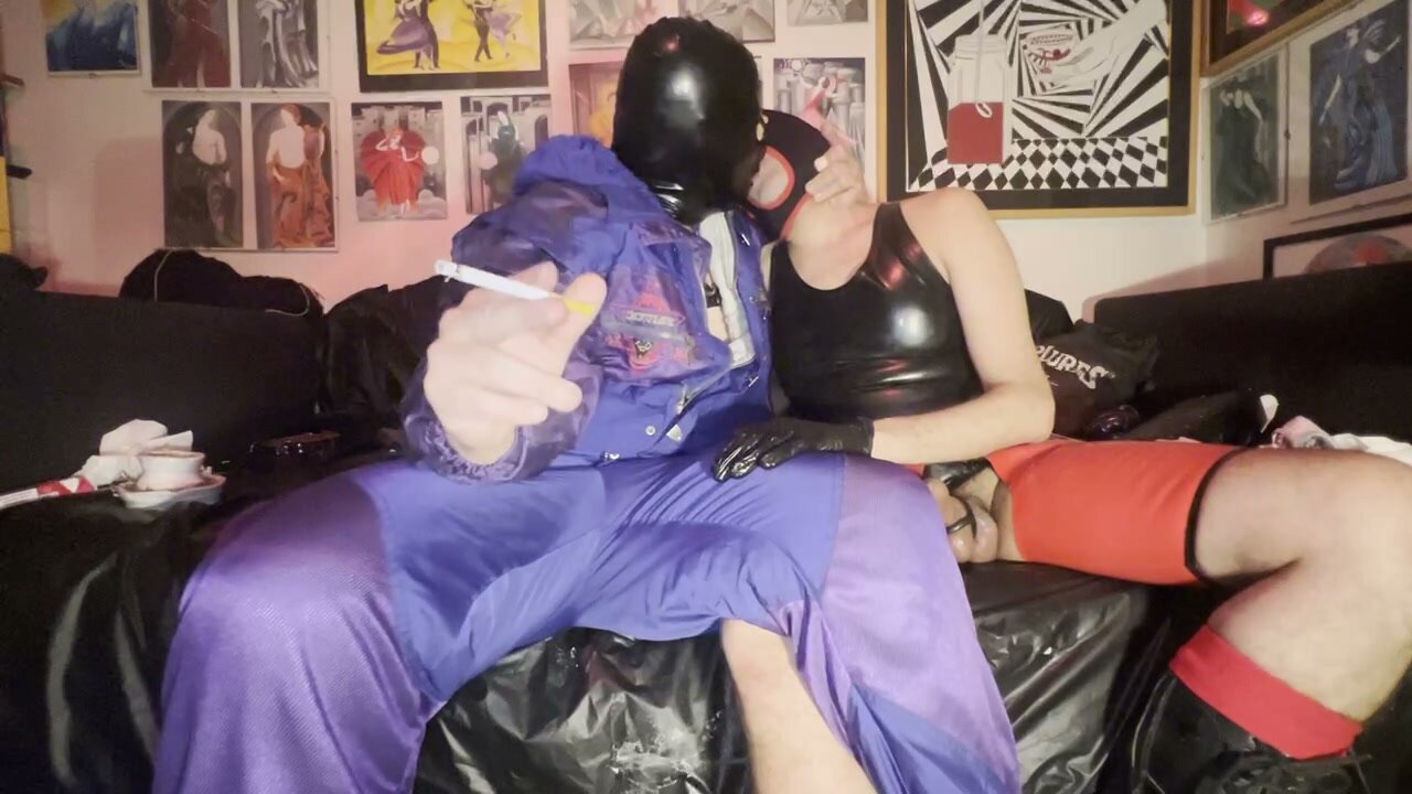 Rubber Clad Top Face Fucks Sub in Ski Suit