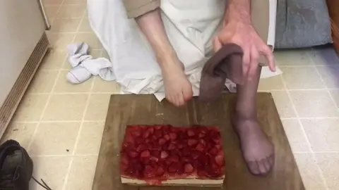 Gay Bear Crushes Strawberry Cake on Feet in 3D Gay Scene