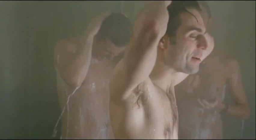 Multiple Men Showering and Bathing in Locker Room Scene