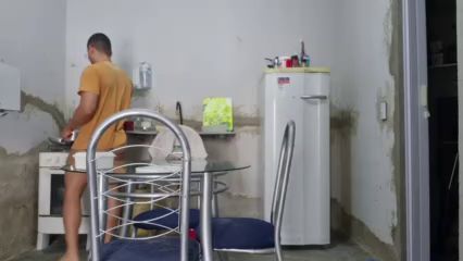 Jock in Jockstrap Washes Dishes and Sings