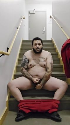 Solo Guy Masturbates on Staircase to Climax