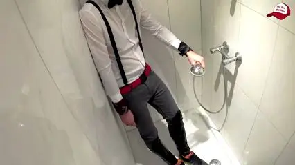 Guy in Wet White Jeans Cums in Shower