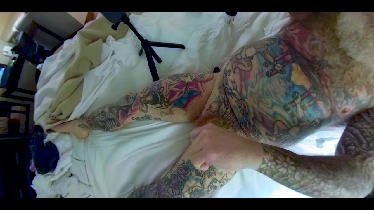 Inked Bear Daddy Edges with Doxy Wand on Pierced Cock
