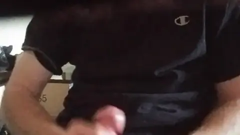Solo Guy Jerks Off to Big Cumshot on Black Shirt
