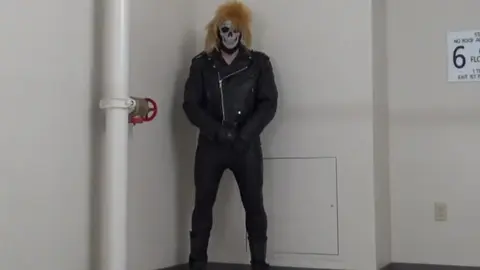 Leather Man Cums in Hotel Stairway