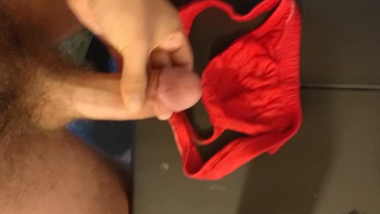 Guy Cums in Red Thong Lingerie