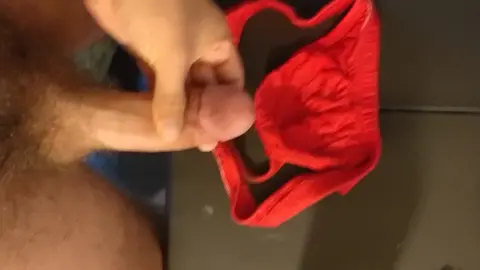 Guy Cums in Red Thong Lingerie