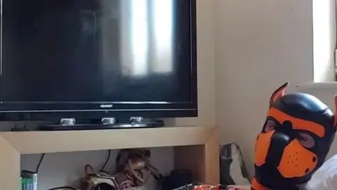 Latex Pup Edging Ends in Cumshot