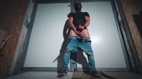 Hairy Muscular Man Edges Cock in Garage