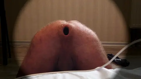 Hairy Gay Plays with Butt Plug, Cumshoots from Stretched Balls