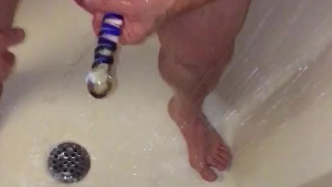 Guy Masturbates in Shower, Cums in Hand, Tastes Own Cum