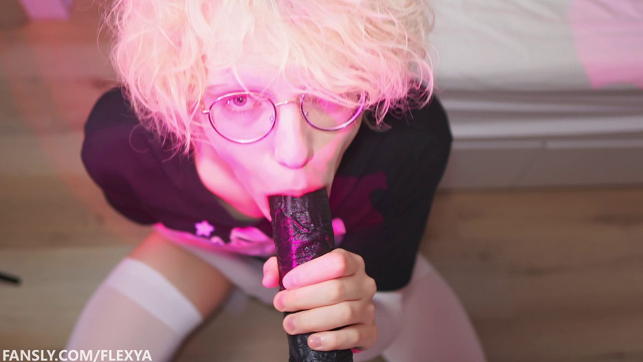 Femboy Gives Blowjob to Big Black Dildo