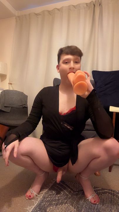 Femboy Plays with Huge Dildo