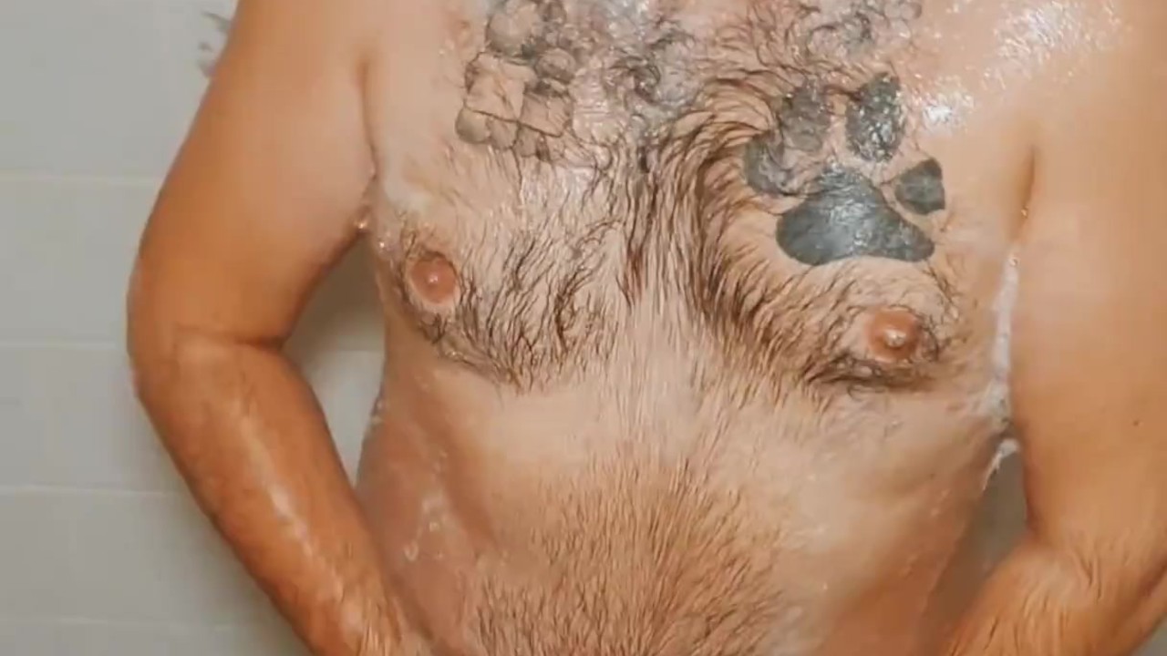 Hairy Bear Masturbates in Shower