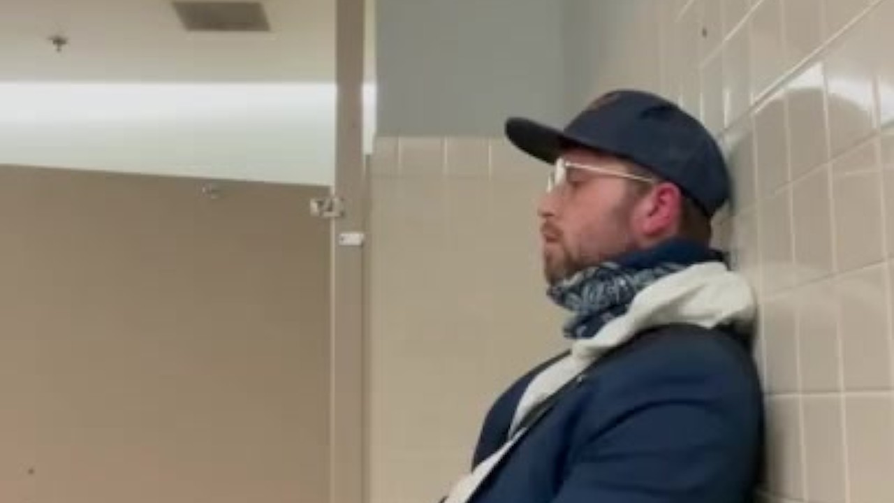 Public Mens Room Wank Ends in Huge Cum Spray