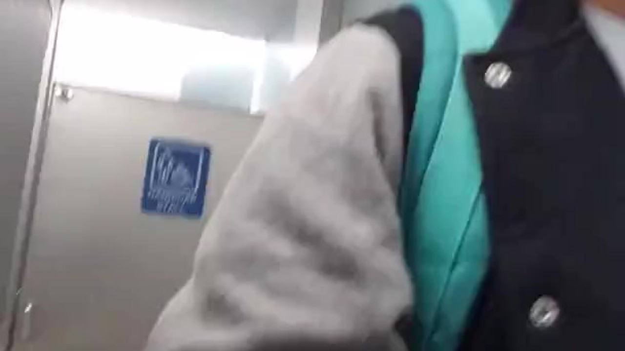 Guy Cums in Airport Bathroom with Pants Down