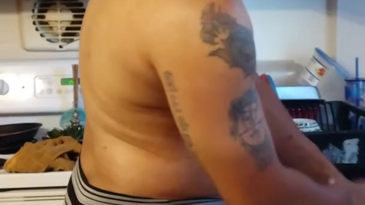 Beefy Tattooed Guy Cleans House in Muscle Underwear