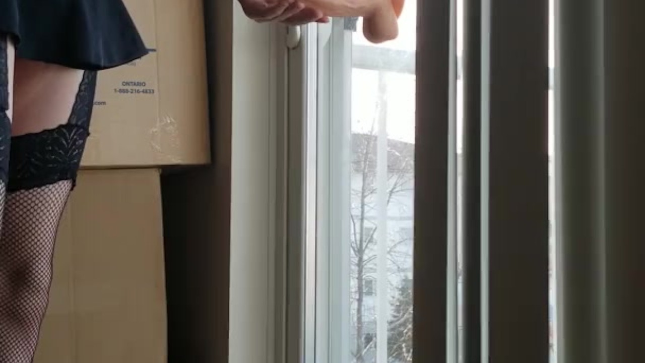 Femboy Masturbates on Patio Door