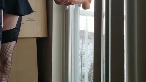 Femboy Masturbates on Patio Door