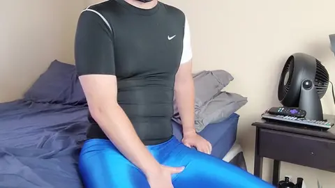 Twink Masturbates in Spandex, Cums on Shiny Leggings