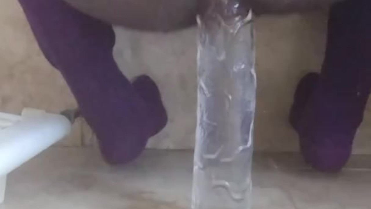 Gay twink rides massive clear dildo