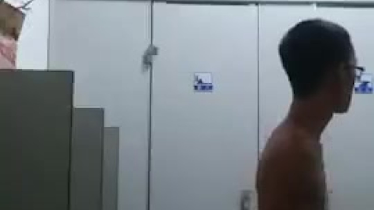 Asian Man Exposed in Public Toilet