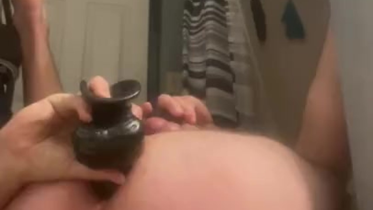 Caged boy gapes his hole